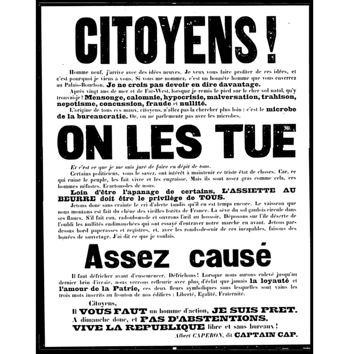 Affiche de la campagne électorale pour l'élection législative du 20 août 1893 d'Albert Caperon dit « Captain Cap ». Alphonse Allais faisait partie de la liste électorale.